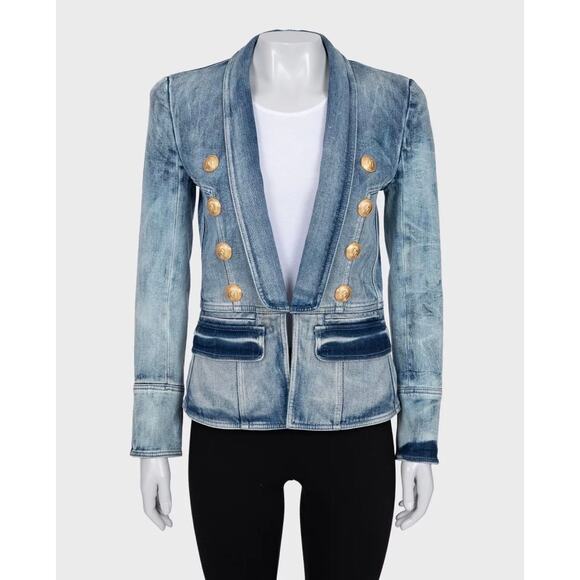 Balmain Double-Breasted Blue Denim Jacket - Size 38